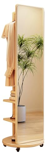 Ganzkörperspiegel mit Garderobe, 2-in-1 Freistehender Bodenspiegel, Massivholzrahmen, Standspiegel Ganzkörper-Ankleidespiegel mit Rollen für Wohnzimmer, Schlafzimmer (Original Holzfarbe)