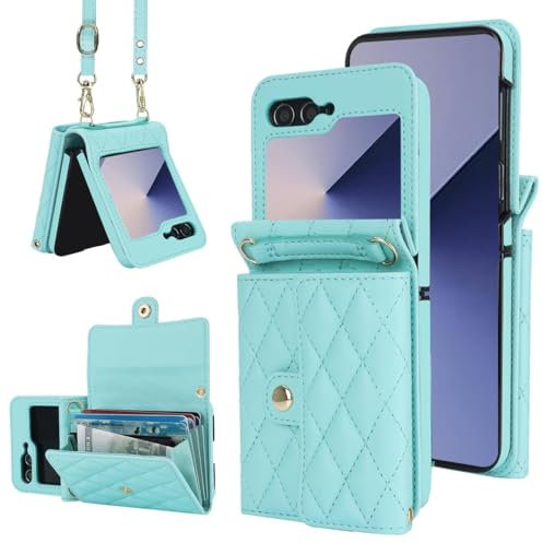 XIMAND per Samsung Galaxy Z Flip 6 Custodia a Portafoglio a Fisarmonica con Tracolla, 4 Slot per Schede, Blocco RFID e Tracolla Regolabile - Accessorio Elegante e Versatile per la(Verde)