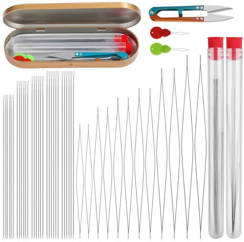 47 Stck Perlennadel Set, Perlennadeln für Rocailles, 6 Größen Perlennadeln für Kleine Perlen,5 Größen Rocailles Nadeln, Inklusive Schere Nadel Flasche und Karton für DIY die Schmuckherstellung