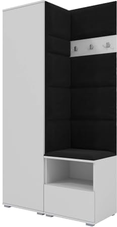 RAVIO Garderoben-Set NELA I mit Kleiderschrank & 3 Doppelhaken, 100cm Flurgarderobe mit Garderobenpaneel & Schuhschrank (Weiß + Schwarz (Trinity 16))