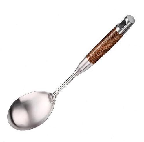 YENXIKU Large Serving Spoons for Buffet - Stainless Steel Spoons with Wooden Handle - Big Cooking Spoons for Mixing, Serving, Baking - Metal Kitchen Spoons for Restaurants/Homes, 13.3, Silver
