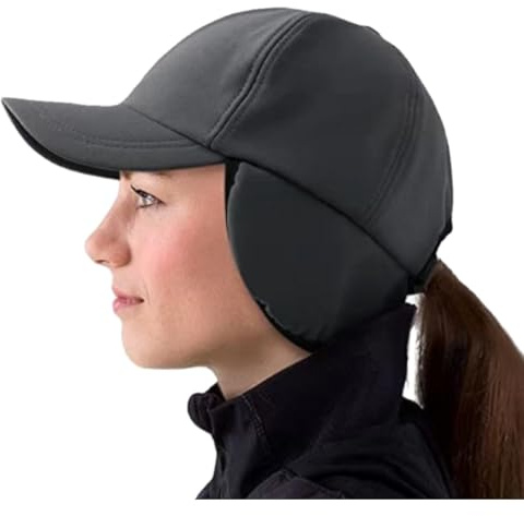 IYWISH Wintermütze für Damen, wasserdicht, reflektierend, Fleece, Pferdeschwanz, mit Ohrwärmer, warme Ohrenklappe, Ballkappe, Laufen, kaltes Wetter, Totenkopf, Skimütze, Schneevisier, Schwarz, L/XL