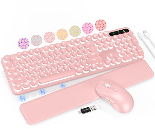 Clavier et souris sans fil rétroéclairés – Clavier de machine à écrire avec touches rondes rétro, repose-poignet amovible, lettres lumineuses, combo rechargeable 2,4 G pour Mac, Windows, PC,