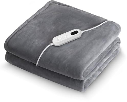 CORIWELL Electric Blanket Heated Throw - 160 x 120cm Fast Heating Overblanket - Soft Flannel Heated Blanket for Sofa Bed - 9 Heat Levels & 9H Timer, Machine Washable, Grey