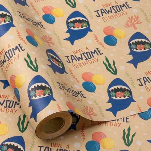 RUSPEPA Birthday Wrapping Paper Roll for Kids - Mini Roll - Gift Wrap with Sharks, Balloons, HAVE A JAWSOME BIRTHDAY Text for Boys' and Girls' Birthday, Party Celebrations - 43.2cm x 5m