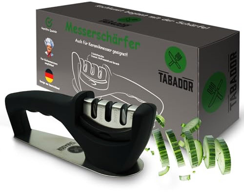 TABADOR Profi-Messerschärfer | 3-Stufen Messerschleifer mit Edelstahlfuß, Diamant, Wolframstahl & Keramik Schärfstufen zum Messer-schärfen | Messerschärfer-Profi für alle Küchenmesser