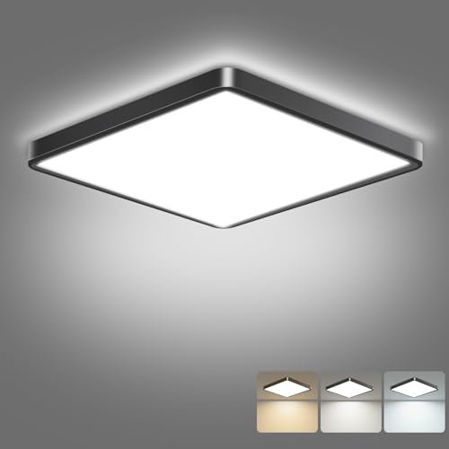 slochi LED Ceiling Light, 3000K/4000K/6500K 3 Color Temperature, IP54 Waterproof Bathroom Light, Modern Square LED Ceiling Light for Bedroom, Kitchen, Hallway, Outside Porch and More(Black)