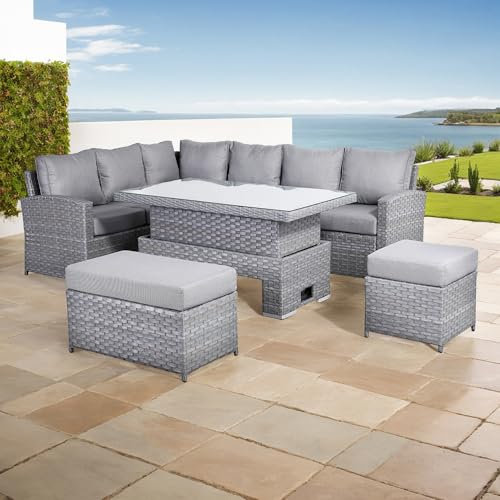 Club Rattan Garden Rattan furniture Isobella High Back Corner Sofa with Rising Table, L Shaped Sofa For Patio,Wicker Patio Conversation Set (Slate Grey, Left hand corner)