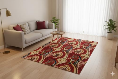 Rugeast Modern-Ikat Teppich 245x173 cm – Handgeknüpfter Wollteppich – Klassisches & Modernes Design in Rot, Blau & Beige