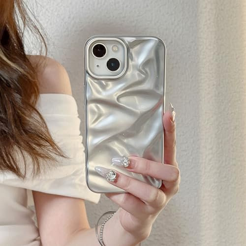 ZCDAYE Case for iPhone 13/14 Glossy Water Ripple Phone Case, TPU Solid Colour Soft Shell Trendy Phone Case Slim Fit Women Case for iPhone 13 iPhone 14,Light Silver