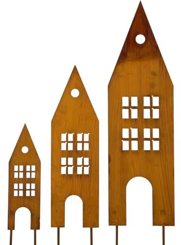Super Idee Rostiges Häuser 3er Set Edelrost Deko Häuser Roststecker Premium Edelrost Qualität Rost Gartenstecker Gartendeko Weihnachtsdeko Rostoptik Rostfiguren für Draußen 43 x 12 cm (Häuser)