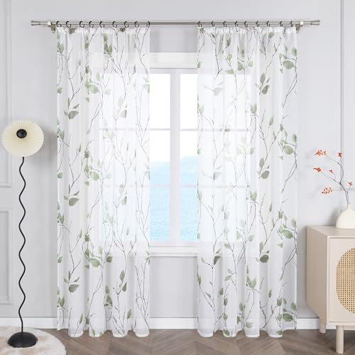 ESLIR Gardinen mit Kräuselband Vorhänge Gardinenschals Transparent Dekoschals mit Blumen Muster Landhaus Grün BxH 140x175 cm 1 Stück