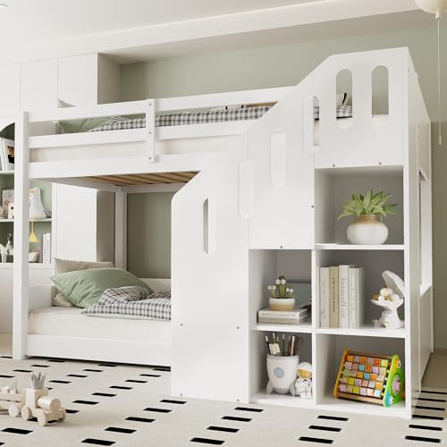 EINHOM Bunk Beds for Kids, Single Bed with Storage, Equipped with Stairs, Safety Barriers, and Bookshelves, Suitable for Boys and Girls, White 90x190 CM (Without Mattress)
