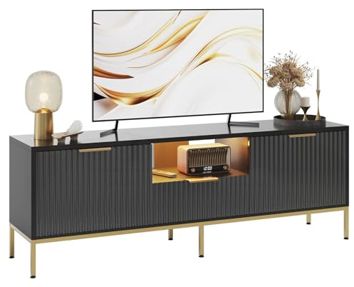 Bestier Fluted TV Stand for 55/60 Inch TVs, Modern Entertainment Center with Storage, Glossy Media Console Table with Wave Pattern for Living Room & Bedroom, Black