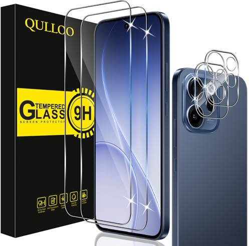 QULLOO Verre Trempé pour Oppo Reno 15F / Reno 15FS, 2 Pièces Protecteur D'écran et 2 Pièces Caméra Arrière Protecteur, 9H Dureté Film Protection Écran HD Clarté Anti Rayures Vitre Protection