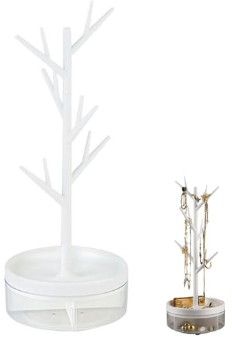 TenaLucy Portagioielli Albero a Torre, Espositore per Collane Bracciali Orecchini, Portagioie con Vassoio e Cassetto, Scatola Porta Gioielli Porto Orologi per Comodino Camera Decorazioni Casa (Bianco)