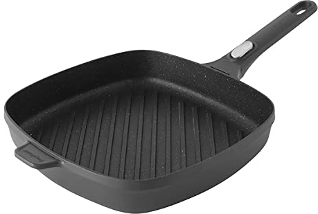 BergHOFF Gem Poêle grill avec revêtement en céramique anti-adhésive avec poignée amovible, fonte d'aluminium, noir, 51,5 x 29 x 10 cm