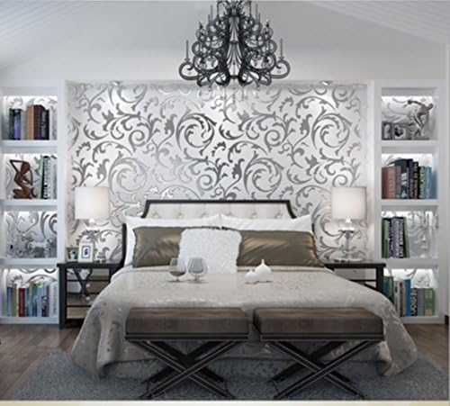 GOTOTOP 10 m Rolle Tapete, 3D, Barockstil, Wandtattoo, wasserdicht und feuerfest, für Dekoration von Wohnzimmer, Schlafzimmer (Silber)