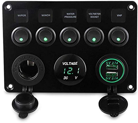 Geloo 5 Gang Schalter Panel, 12V Kippschalter Panel On/Off Schalter LED Voltmeter, Dual USB Buchse Ladegerät für Auto Boot Marine RV Truck Camper Fahrzeuge (Grün)