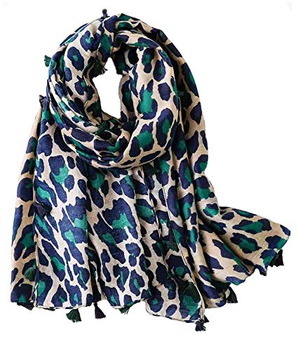 Micoop Damen Schal mit Leopardenmuster, lang, groß, Tierdruck, Schal, grün, 42