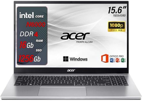 acer aspire 3 | Pc portatile, intel core N6000 | Ram 16 GB ddr4 | SSD 1256 GB | Silver | Display 15.6 FHD | BT | WiFi | Windows 11 Pro | Pacchetto Office Pro | Computer portatile Notebook