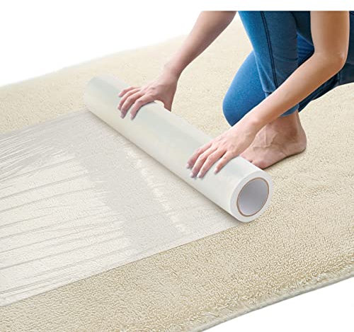 Carpet Protector Film, Transparent Self-Adhesive Floor Protective Roll, Temporary PE Plastic Stairs Protector Film, Water Resistant Floor Dust Sheet Cover for Building Home Construction 60cm*100m