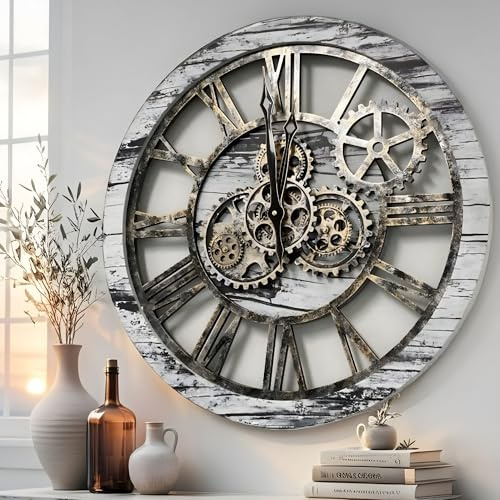 El Reloj de Engranajes – El Original Reloj de Pared de Engranaje Real de 60,9 cm (24 Pulgadas), Estilo Vintage Industrial de Gran tamaño rústico (Gris Vintage)