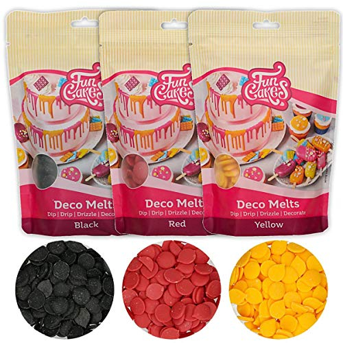 AOS Set | Funcakes Deco Melts Set - Schwarz/Rot/Gelb 750g | Deutschland-Farben | Tauchen, tropfen, nieseln und dekorieren! | Zum dekorieren von Torten, Kuchen, Kekse und Cupcakes!