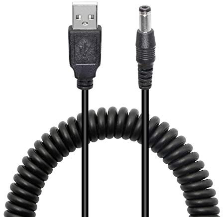 USB to DC Spiral Cable, 5V DC 5.5mm x 2.1mm Male to USB 2.0 Type A Male Coiled Spring Cable for LED Strip, Mini Fan and More 5V Electronics Devices-3ft