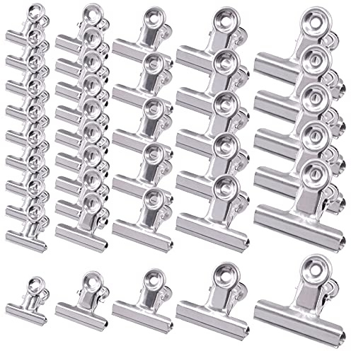 Wokape Lot de 38 clips en acier inoxydable de 3 cm, 3,8 cm, 5,1 cm, 6,3 cm, 7,6 cm, pinces à papier de bureau, larges pinces hermétiques, crochets de cabine, pinces alimentaires, pinces bulldog pour