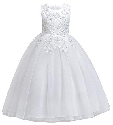 Vestito Bambina Fiore Damigella Ragazza Principessa Abito Maxi Pizzo Senza Maniche Floreale Lunga Gonna Tutu per Festa Compleanno Comunione Battesimo Vestiti da Matrimonio Ballo Bianca 7-8 anni