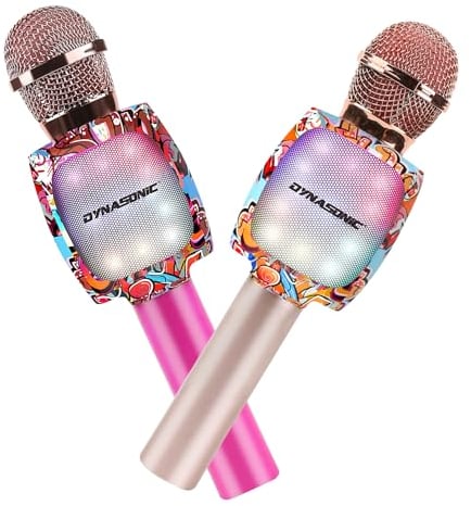 DYNASONIC Karaoke-Mikrofon, Bluetooth, Spielzeug für Jungen und Mädchen, kabellos, Karaoke-Mikrofon, tragbar, mit LED-Lichtern für Kinder, originelle Geschenke für Kinder (Pack 2 Mikrofonen)