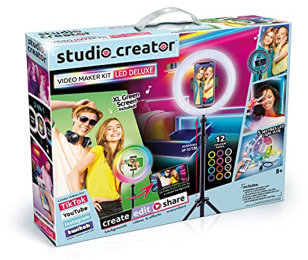 Video Maker Kit LED Deluxe 5m Lichtleiste Ringlicht + Stativ XL Green Screen für TikTok/YouTube/Influencers Ab 8 Jahren