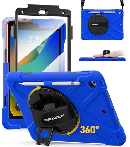 BRAECN für iPad 9th/8th/7th Generation Hülle - 10.2 Zoll 2021/2020/2019 | Robuste Stoßfeste Schutzhülle mit Displayschutz, Stifthalter, 360° Drehbarer Handgurt und Ständer, Schultergurt, Blau