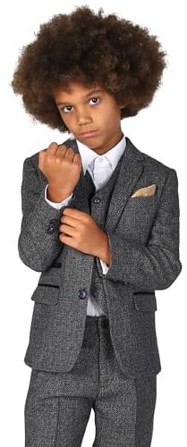 Tweed texturerad retro kostym för män och pojkar, skräddarsydd passform, 3-delad bröllopsdräkt, Marinblå och grå pojkdräkt, 12 år