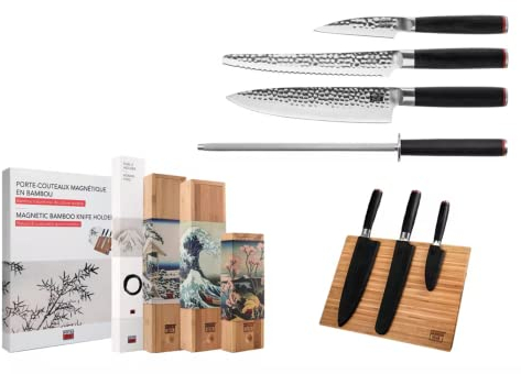 Le Set Essentiel Deluxe 5 pièces (A) : 3 couteaux (couteau d'office + couteau du chef gyuto + couteau à pain) + 2 accessoires (porte-couteaux magnétique en bambou + fusil à aiguiser)