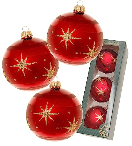 Krebs Glas Lauscha Weihnachtsdekoration/Christbaumschmuck aus Glas - Weihnachtskugeln - Motiv: Rot mit Komet - 3 Stück - Größe: ca. 8 cm