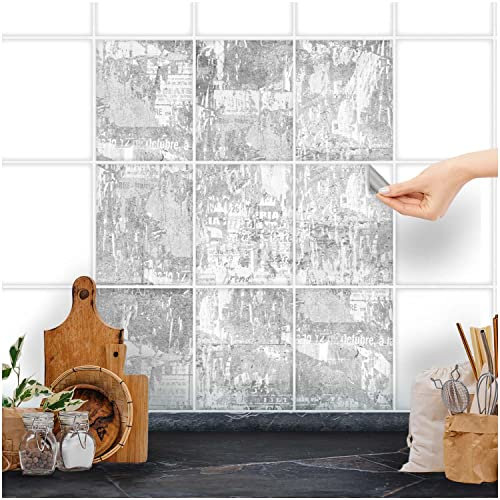 FoLIESEN Fliesenaufkleber für Bad, Küche, Badezimmer - Fliesen-Folie selbstklebend - Deko-Aufkleber - Abstract old News, .:20x25 cm - 9-tlg.