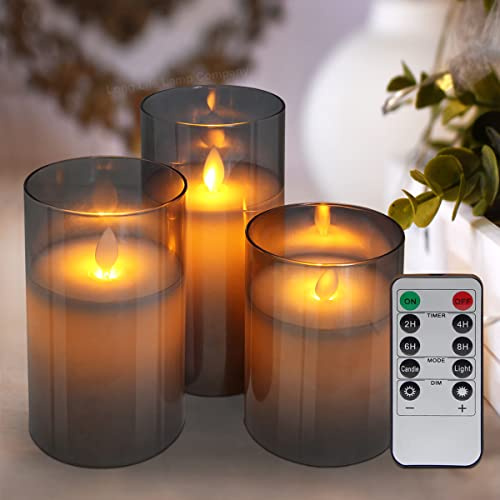 Mega Socket LED Wax Flameless Candles Grey Glass Flicker Flame Candle Pillars USB Rechargeable Set of 3 Remote Control WAX02
