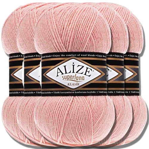 Hobby YARN Alize Superlana Klasik 5 x 100 g Türkische Premium Wolle Baumwolle und Acryl Uni Handstrickgarne Yarn Garn Strickgarn Baby zum Stricken Strickgarn (Wedding Pink | 363)