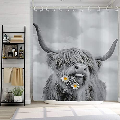 REECES Duschvorhang 240x200 cm 3D Hochlandrinder Grau, Duschvorhang Antischimmel Textil Süße Kuh Duschvorhang Polyester Stoff Wasserdicht Duschvorhänge für Badezimmer, Bad Vorhang mit 12 Haken