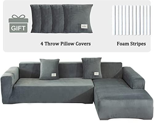 ele ELEOPTION Sofa Überzug Samt Stretch Sofabezug 2er Set 3 Sitzer Verdickung Couchbezug für L Form Sofa Ecksofa inkl. 4 Stücke Kissenbezug (pur Hellgrau)