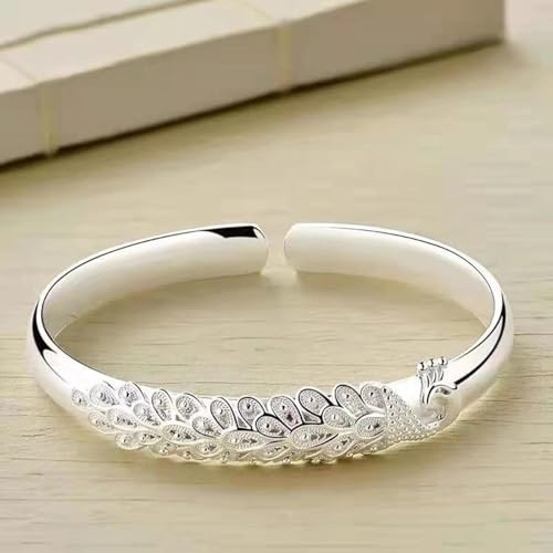 Silbernes Armband für Frauen 925 Sterling Silber Elegantes Pfauen Eröffnungsbildschirm Armband Armreifen Für Frauen Fashion Party Hochzeitszubehör Juwely Geschenk-Default