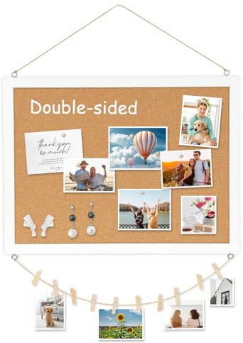 DOLLAR BOSS Cork Board Pin Board Double-Sided 30 X 40CM 1-Pack Cork Board for Walls Wood Framed Picture Display Pin Board for Home Kitchen Office Decorative Hanging 10 Pushpins