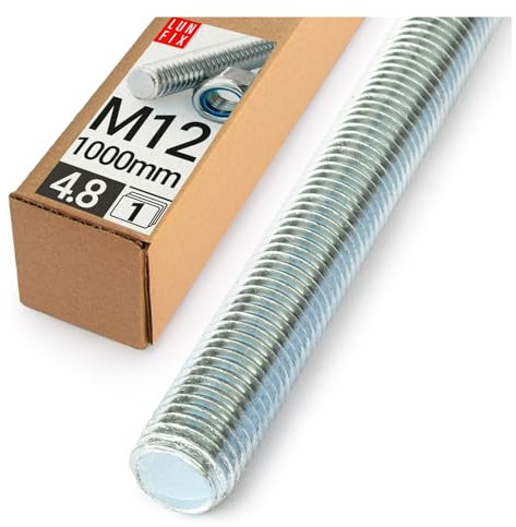Lun Fix Asta filettata M12 x 1000 mm, 1 pezzo, classe di resistenza 4.8, DIN 975, acciaio zincato, acciaio al carbonio, asta filettata con filettatura metrica completa | perno filettato metrico