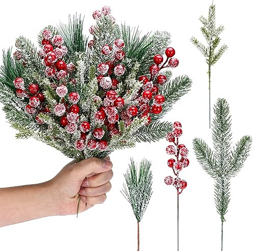 Lyrow 80 Stück Weihnachten Schnee Kiefer Baum Picks Künstliche Beerenstiele Sprays Faux Zeder Tannennadeln Zweige für Urlaub Arrangement Kranz DIY Girlande Urlaub Dekor Winter Grün (Rot)