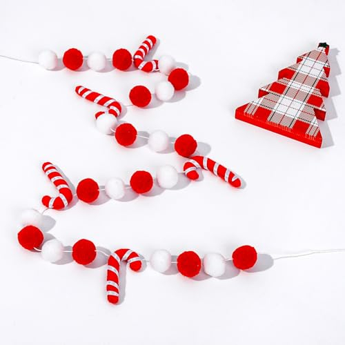 AnyDesign Weihnachtsgirlande aus Filz, Zuckerstangen-Girlande, niedlich, rot, weiß, dekorative Bommel-Banner, Weihnachten, hängende Wimpelkette, Girlande für Weihnachten, Urlaub, Zuhause, Kaminsims,