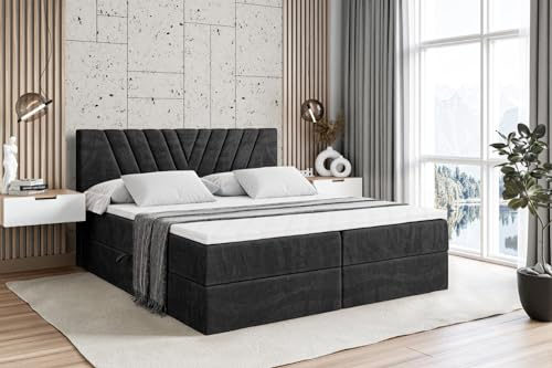 ALTDECOR Boxspringbett mit Matratze und Lattenrost, Boxbett, Topper, Polsterbett mit Bettkasten, Bett mit Stauraum H3-Matratze, Doppelbett, Springboxbett - ERNINA - 180x200 - Schwarz Samt