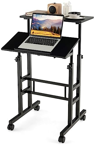 COSTWAY höhenverstellbarer Sitz-Steh Schreibtisch auf Rollen, Mobiler Stehschreibtisch mit 2-stufiger Computerarbeitsplatz, Laptoptisch Stehpult Stehtisch Workstation für Zuhause Büro (Black)