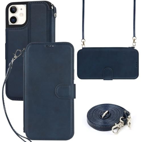 ELTEKER Hülle für iPhone 12/12 Pro Klapphülle,Handyhülle iPhone 12/12 Pro mit Umhängeband und Kartenfach,Perfekt Schutz Case mit Ständer Handytasche Lederhülle,Blau